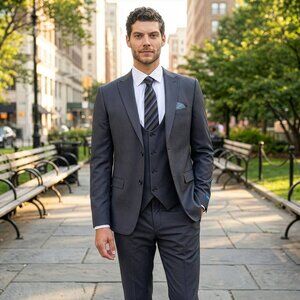 New 2026 Mens 3pc Nailhead Grey Suit Set, Hybrid Fit